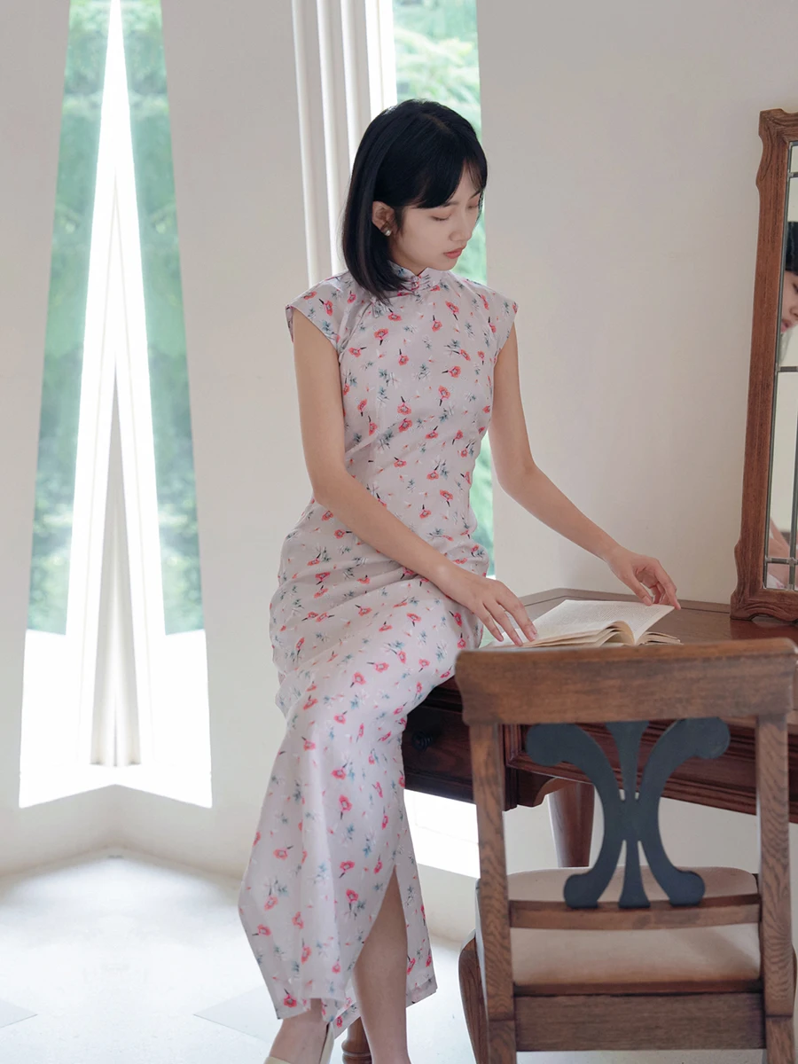 

MJJ Лето-Осеннее винтажное художественное хлопково-льняное платье-комплект средней длины с боковой молнией и цветочным принтом Повседневная одежда