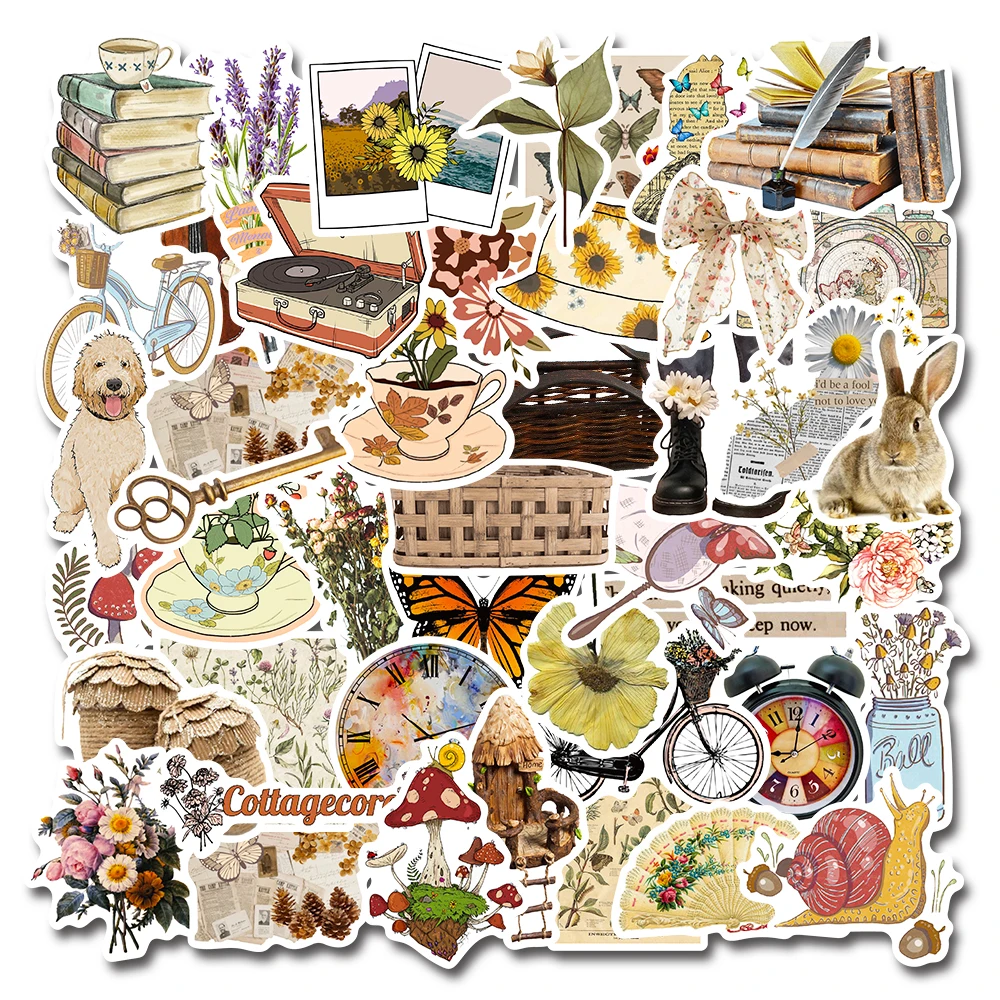 

10/30/50 Piece Cottagecore Retro Stickers For Guitar Motorcycle Laptop Skateboard INS Aesthetics Decal Waterproof DIY Decoration
