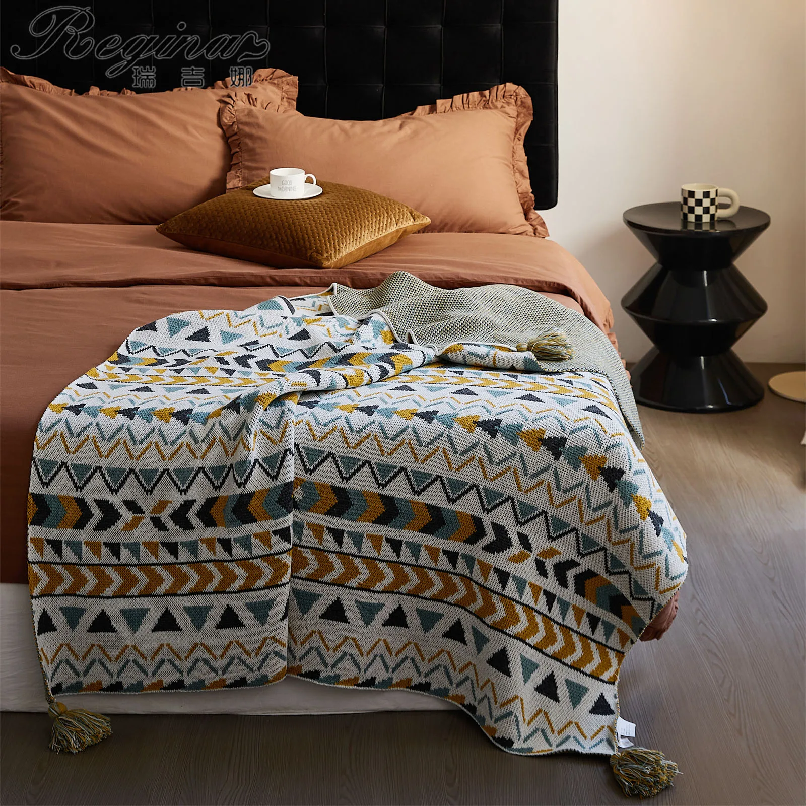 REGINA Boho Ethnic Pattern Knitted Blanket Home Decor Tassel Design Throw Blanket For Bed Sofa Soft Fluffy Acrylic Warm Blanket