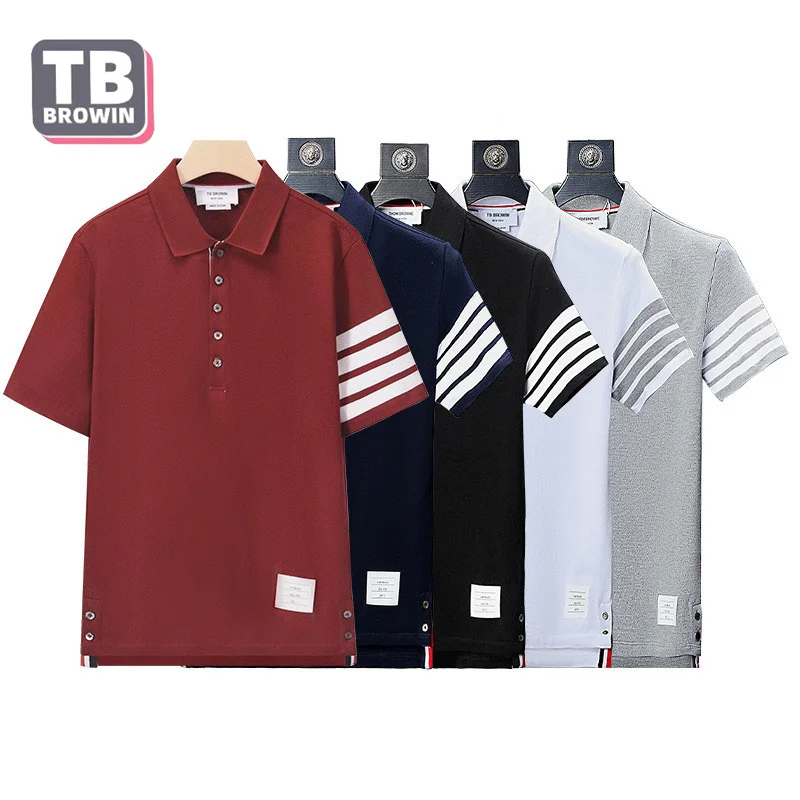 TB men's half-sleeve four-bar striped cotton luxury lapel short-sleeved T-shirt Thom casual trend couple wear