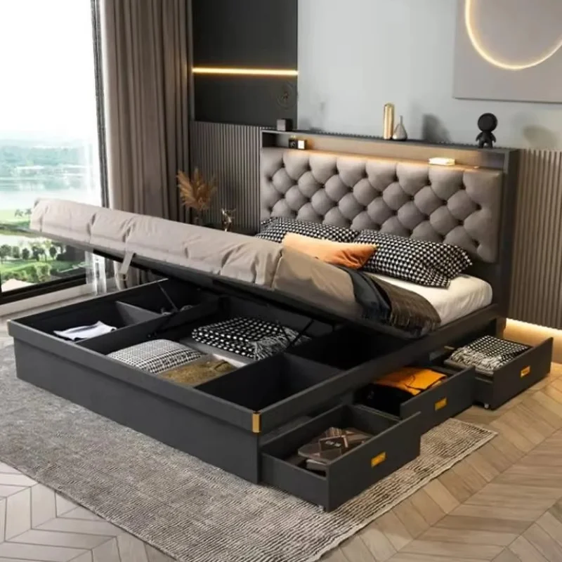 Elegant Double Bed Frame Tall Headboard Simple Under Nightstands Storage Bed Frame King Size Modern Cama De Casal Furniture