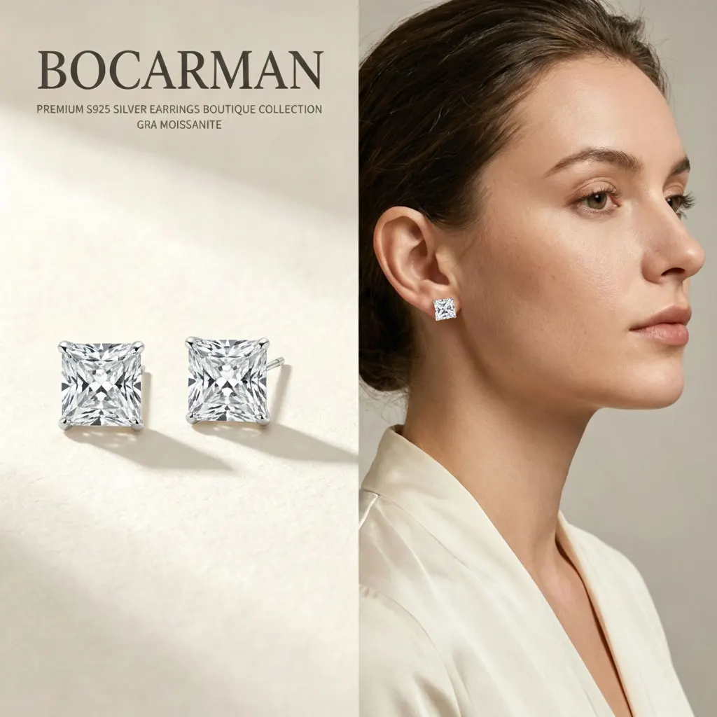 S925 Silber Platinbeschichtete Ohrringe mit Weißem Princess-Cut GRA Moissanit für Damen Feiner Schmuck Einfache Mode für den Alltag – Detail 1