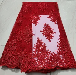 2025 Latest Classical Red African Handmade Beads Sequins Lace Fabric Beaded French Tulle Lace Fabric For Wedding Dress LWH23108