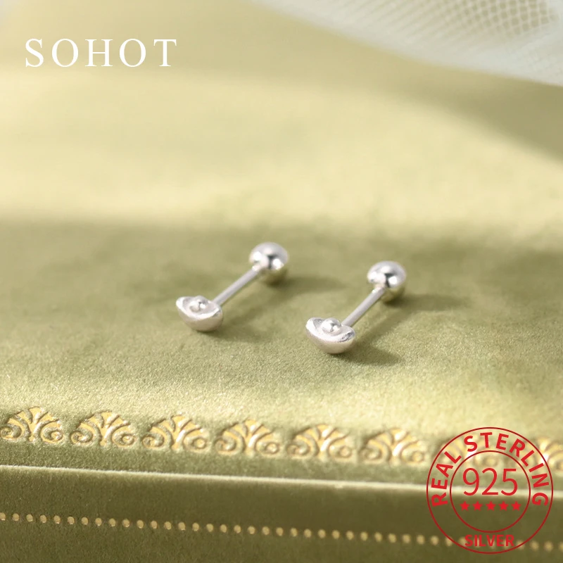 

Real 925 Sterling Silver Piercing Screw Bead Chinese Style Mini Stud Earrings for Women Cute Coin Fine JewelryAccessories