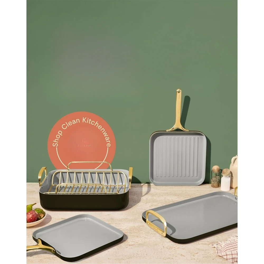 Square Cookware Set - Square Pans Set - Perfect for Griddling, Toasting, Searing, Roasting,More -Non-Stick Ceramic Coated Pans