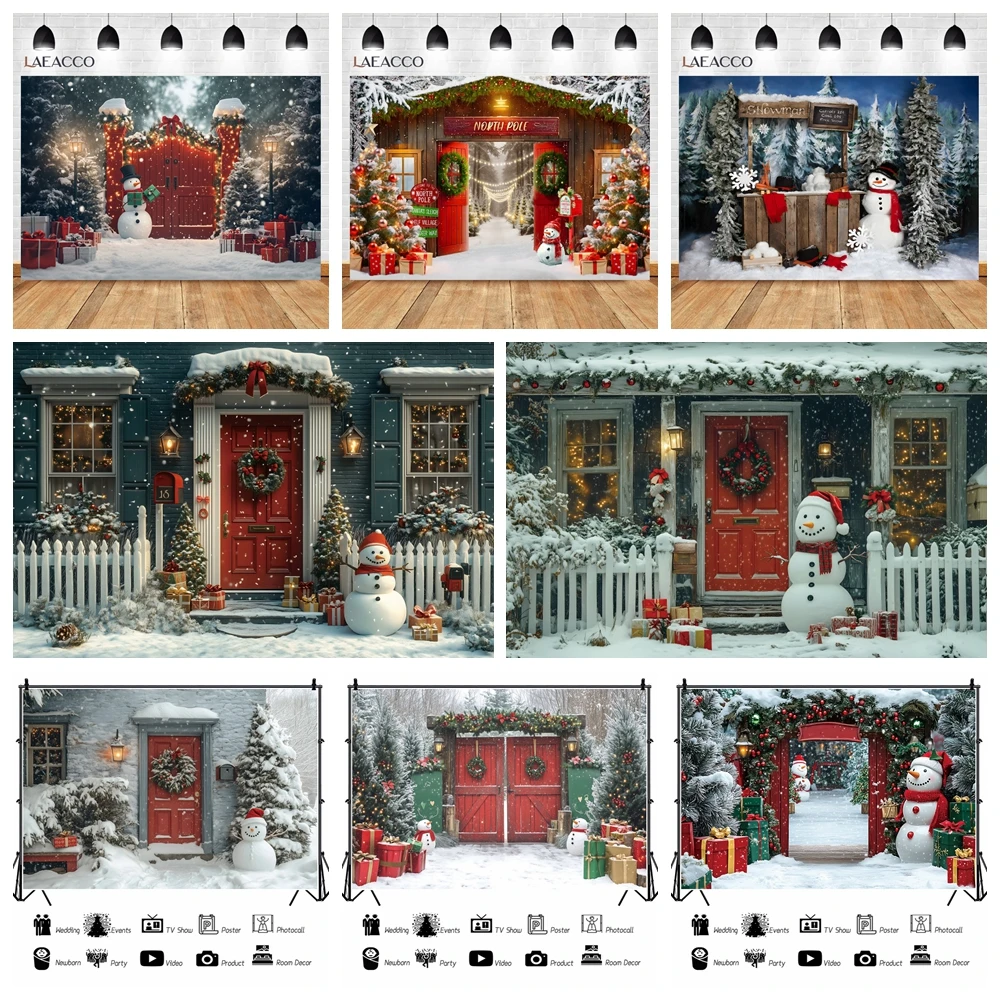 

Winter Snowman Christmas Photography Backdrop Doorways Arched Wreaths XMAS Tree Festive Gifts Decor Family Gatherings Background