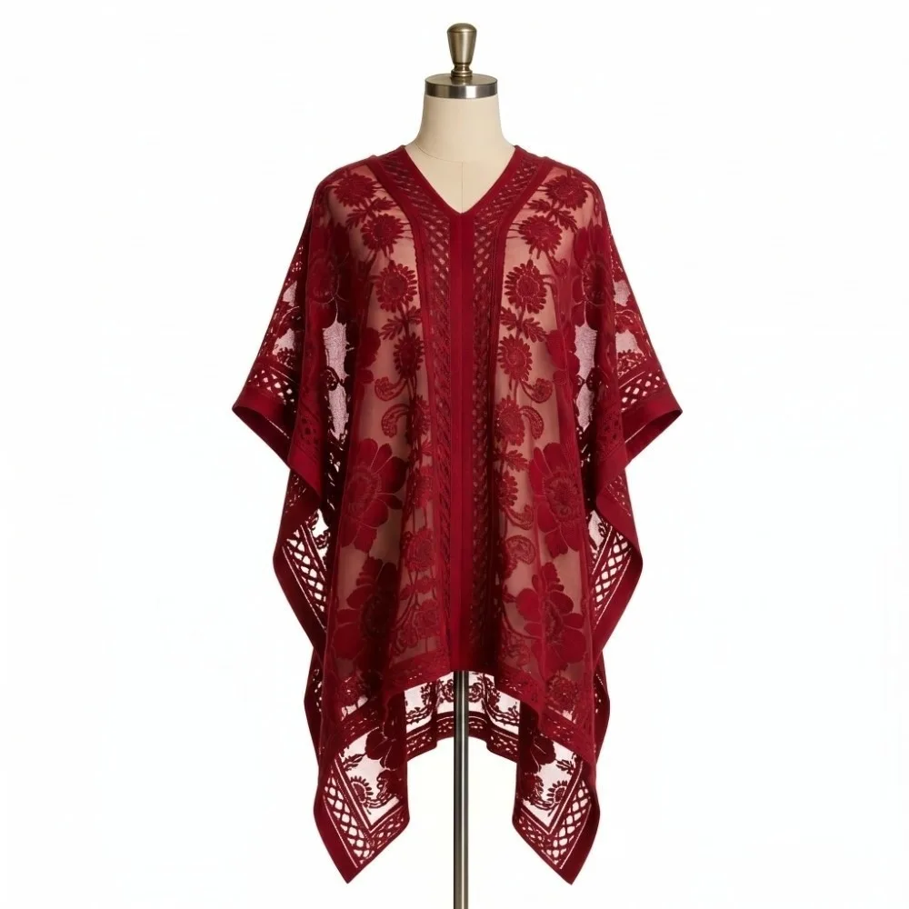 Vintage Lace Mesh Sunscreen Beach Cover Up Floral Casual Bohemian Shawl Plus Size Transparent Swimsuit Cover Up Lady