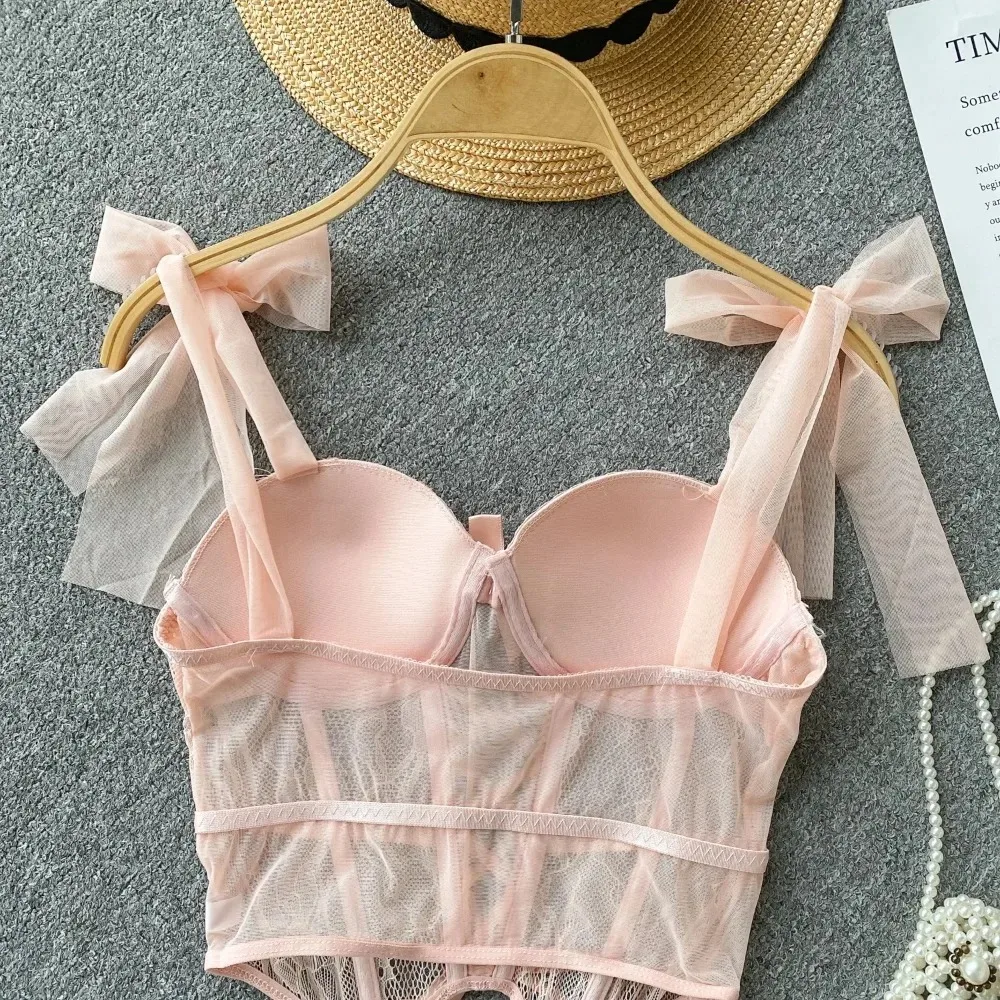 Sexy Mesh Butterfly Bandage Camis Chic Korean Fashion Tank Top Slim Corset Bustier Summer Women Party Club Hotsweet Crop Top