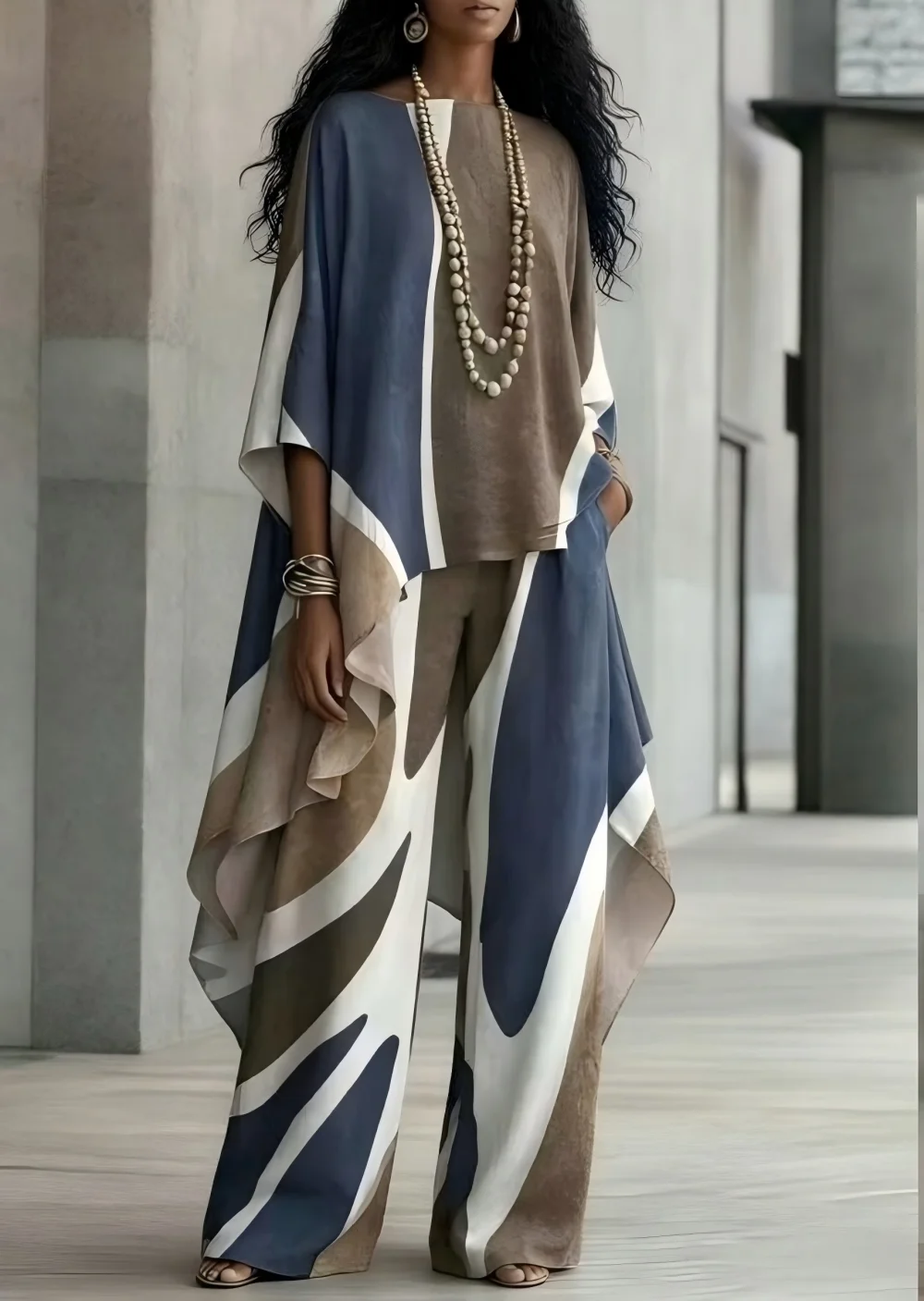 Women Color Block Geometric 2 Piece Set Irregular Asymmetrical Hem Top Draped Wide Leg Pants Casual Vacation Outfits