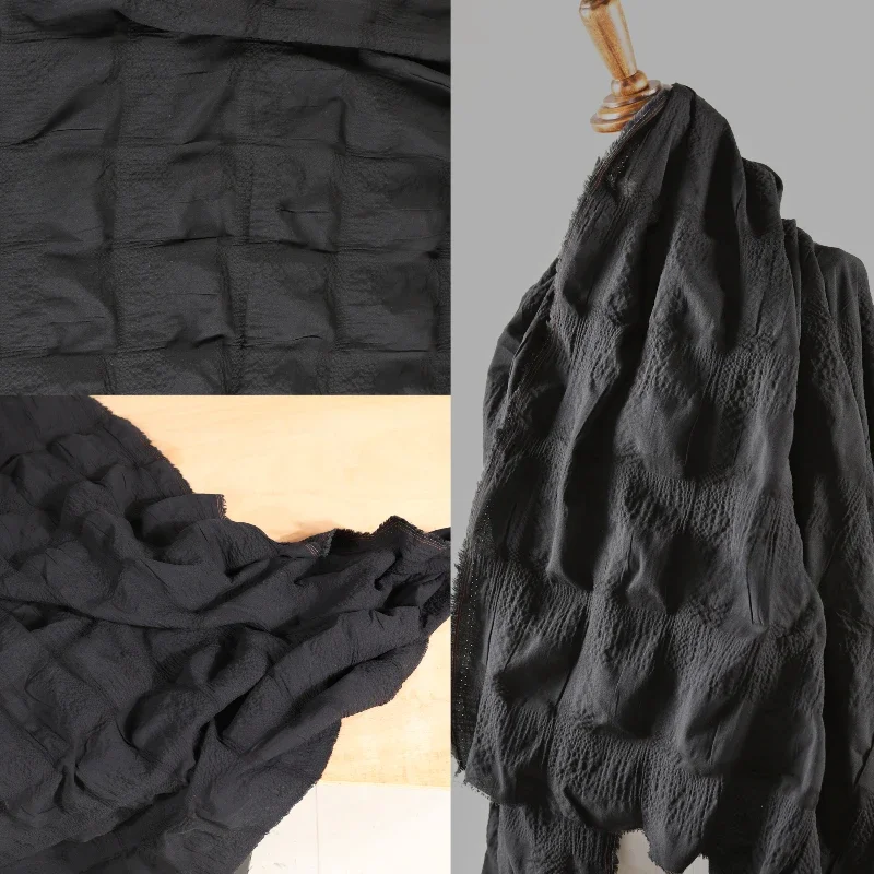 Black Three-dimensional Texture Shrinkage Grid Designer Fabric Special Laser Block Bubble Pleated Fabric