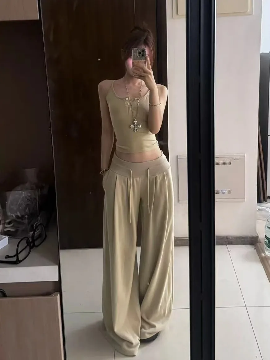 

Kumikumi Casual Loose Women's Two-Piece Set with Chest Pad Vest And Strap Summer Fashion Outfit High Waist Long Pants