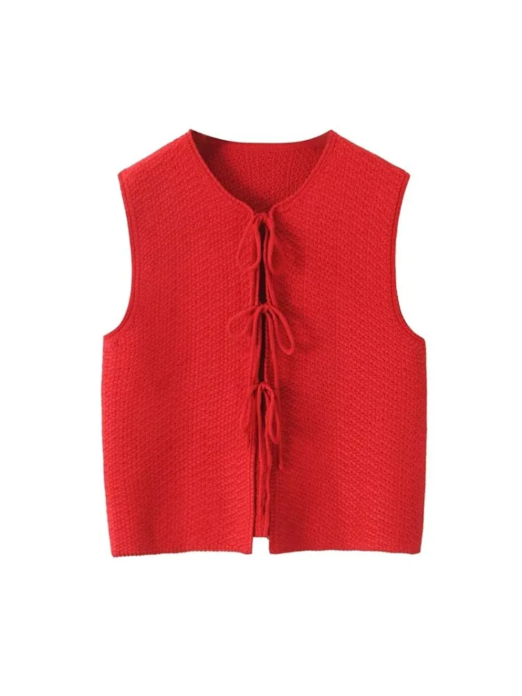 Female Chic Knitted Hollow Out Lace Up Sleeveless Short Waistcoat Bow Tied Vests for Women V Neck Streetwear New Women Outerwear