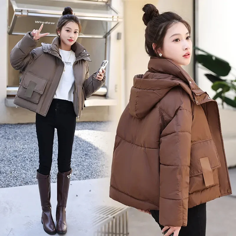 Women\'s Coat 2024 Winter New Down Cotton Jacket Ladies Loose Hooded Coats Student Short Thicken Warm Overcoat Female Casual Tops