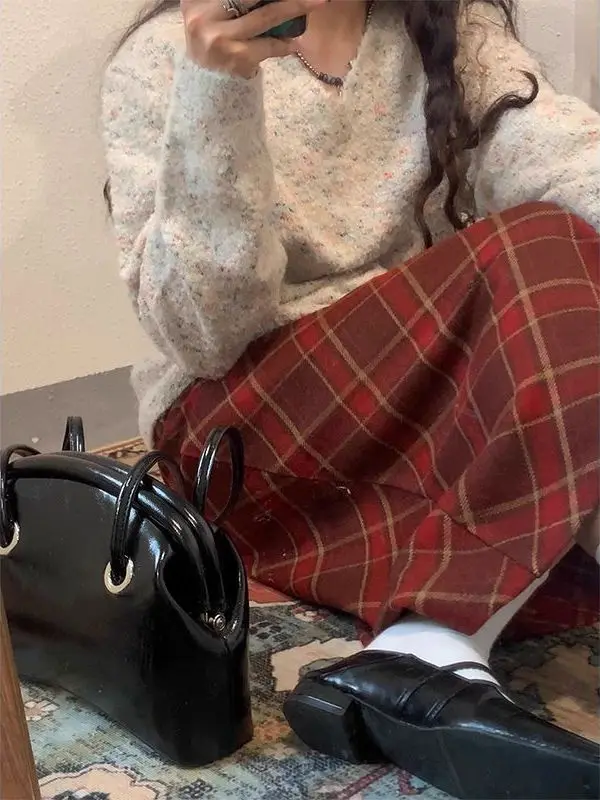 Gonna a trapezio scozzese di lana rossa Donna Inverno 2025 Nuova vita alta Dra Slim Fit Gonna lunga avvolgente Casual Home Out...