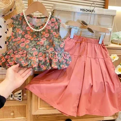 Girls Clothing Sets 2024 Summer New Children's Wear Ladies Style Fashion Floral Sleeveless Vest Top+wide Leg Skirt Pants 2-7Y