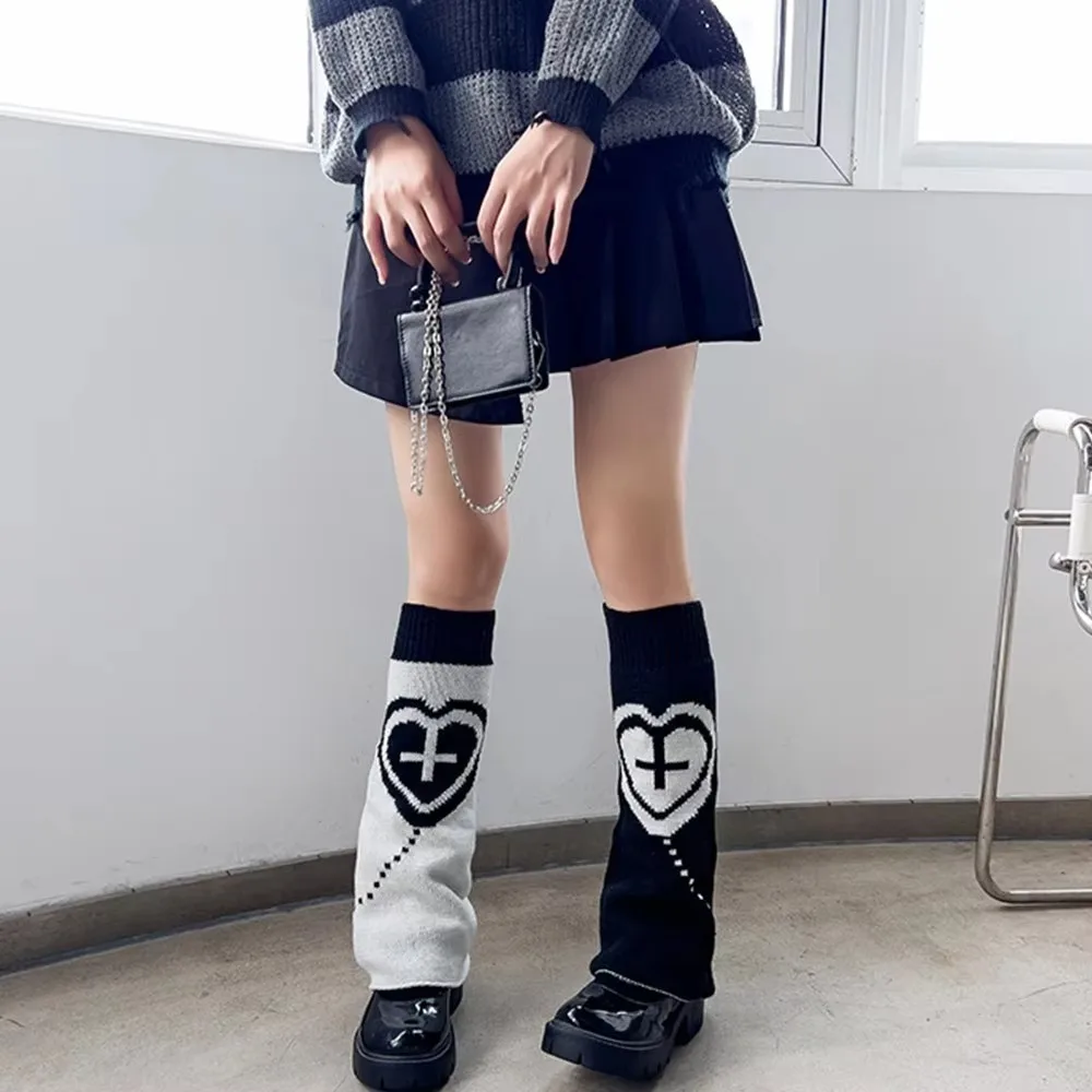 

Punk Style Leg Warmers Gothic Cross Star Pattern Leg Cover Socks Heart Design Two Side Wear Thigh High Socks JK Fashion