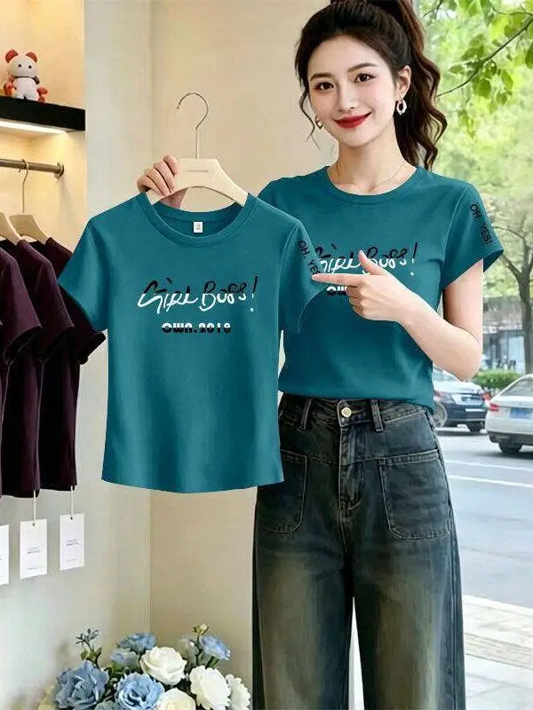 

Lake Blue Short Sleeve Printed T-Shirt Women's Summer Fashionable High Waist Top Casual Style Cotton Material Mom's Shirt