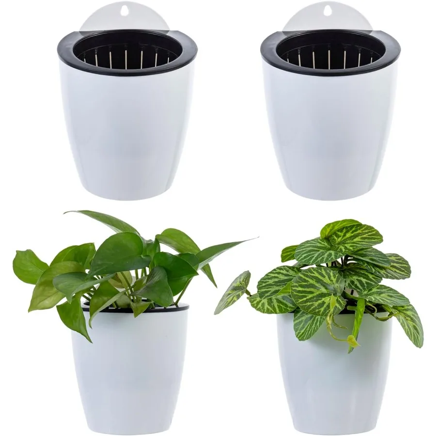 

5 Inch Wall Mounted Modern White Plastic Self Watering Planter Pots Small Hanging Double Layer Wall Planter Tabletop Mini Plant