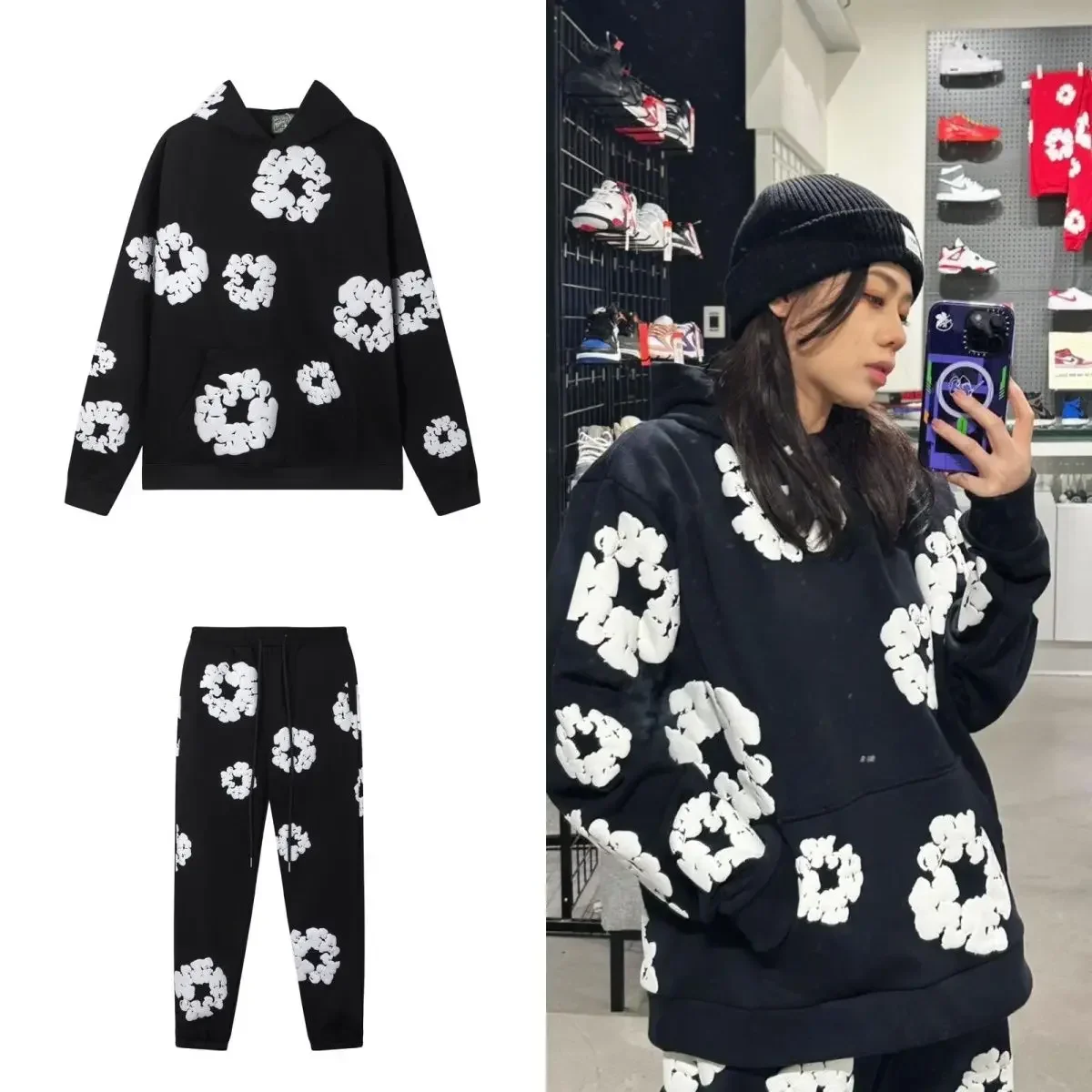 DENIM TEARS Top Quality New Men's Women's Same Kapok Foam Printing Hooded Long-sleeved Sweater Loose Fleece Sweatpants Set