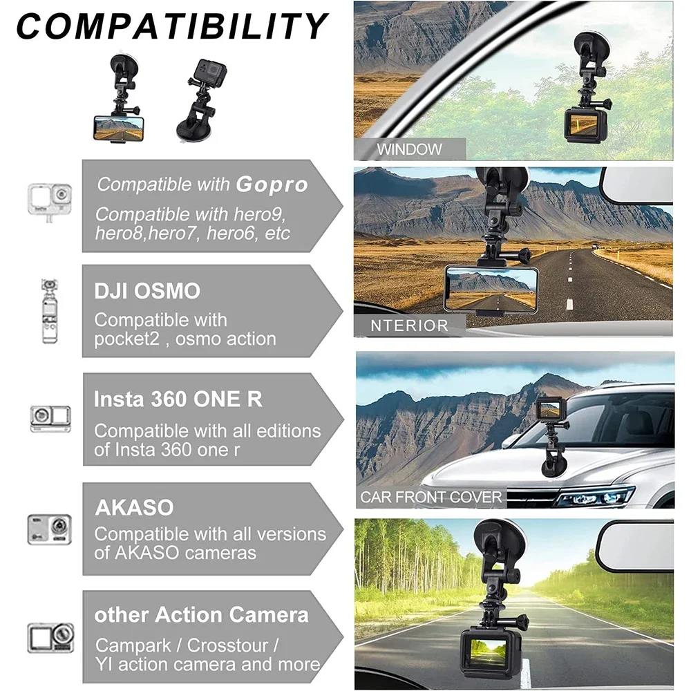 Suction Cup Mount Car Windshield Holder Mount for GoPro Hero 11 10 9 8 7 6 5 4 DJI OSMO Action Camera for iPhone Smartphone