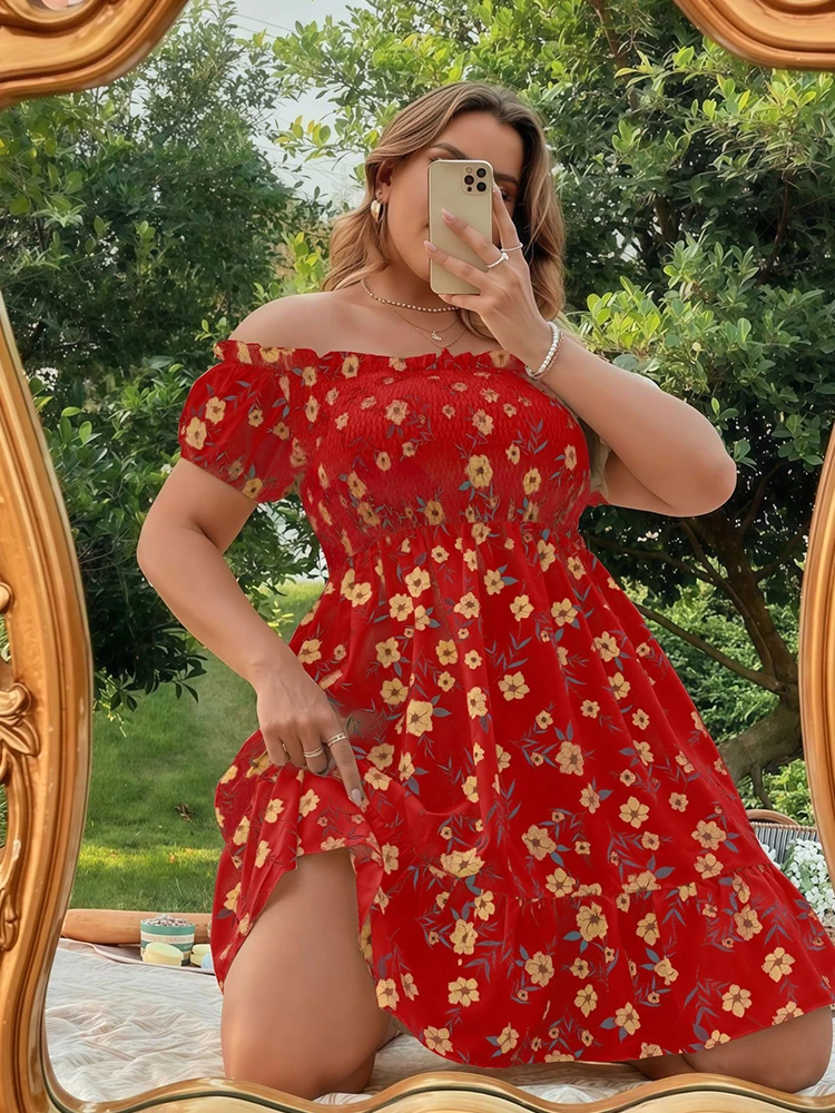 فستان نسائي مطبوع عليه زهور، ملابس للإجازات، فستان صيفي أنيق مرن مكشوف الكتفين، مقاس كبير، فساتين مثيرة لطيفة وقصيرة #6