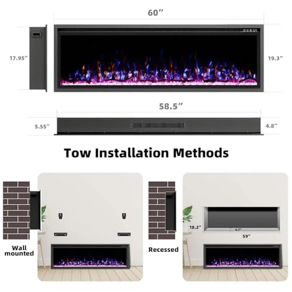 60" Electric Fireplace Inserts Ultra Narrow Frame with Log & Crystal Options Remote Control Wall Mounted Fireplace Customizable