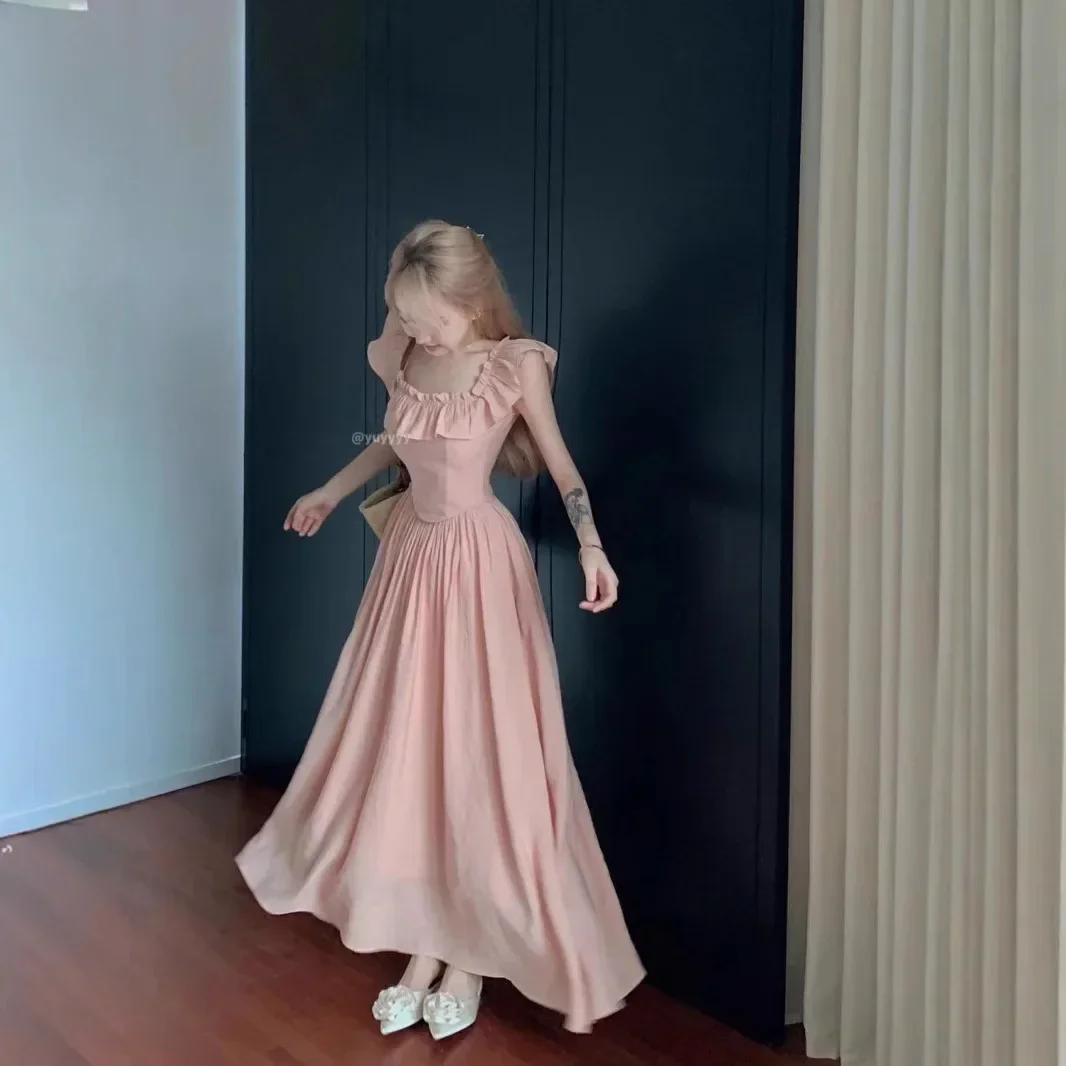 Robe gelatinuse pêche, nouvelle mode d'été, Style français, col carré, cintrée à la taille, jupe longue Slim, vêtements pour femmes