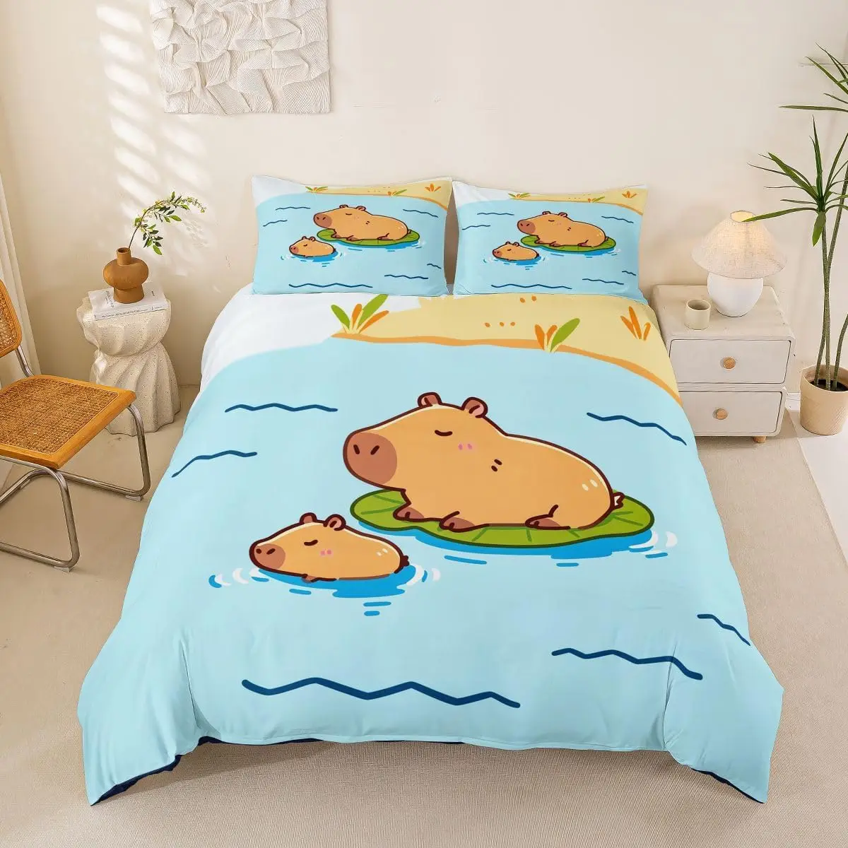 Cartoon Capybara Duvet Cover Twin King, Brown Zoo Pet Animals Bedding Set Cute Capybara Comforter Cover for Boys Girls Bedroom