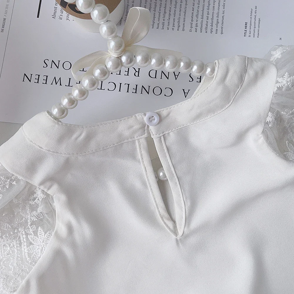 Summer New White Girls' Short Sleeved T-shirt Children's Lace Shirt Top Korean Version Fashion Basic Versatile 4