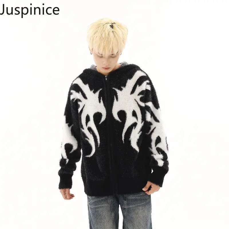 

Winter Contrasting Color Hooded Sweater Overcoat Couple Loose Casual High Street Personalized Knitted Cardigans Male Clothes