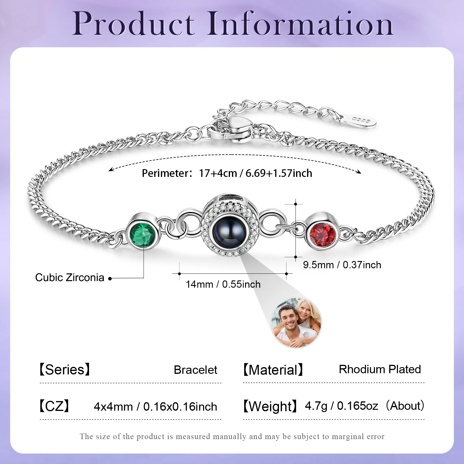 Personalized Photo Projection Birthstone Bracelet Customized Picture Adjustable Chain Bracelets Memory Gift for Women Men