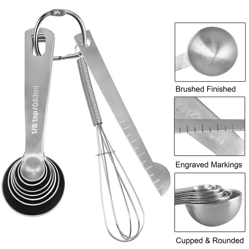 9Pcs Measuring Spoon Set With Mini Whisk Ruler Stainless Steel Seasoning Spoon Coffee Tea Scoop Stackable Kitchen Measuring Tool