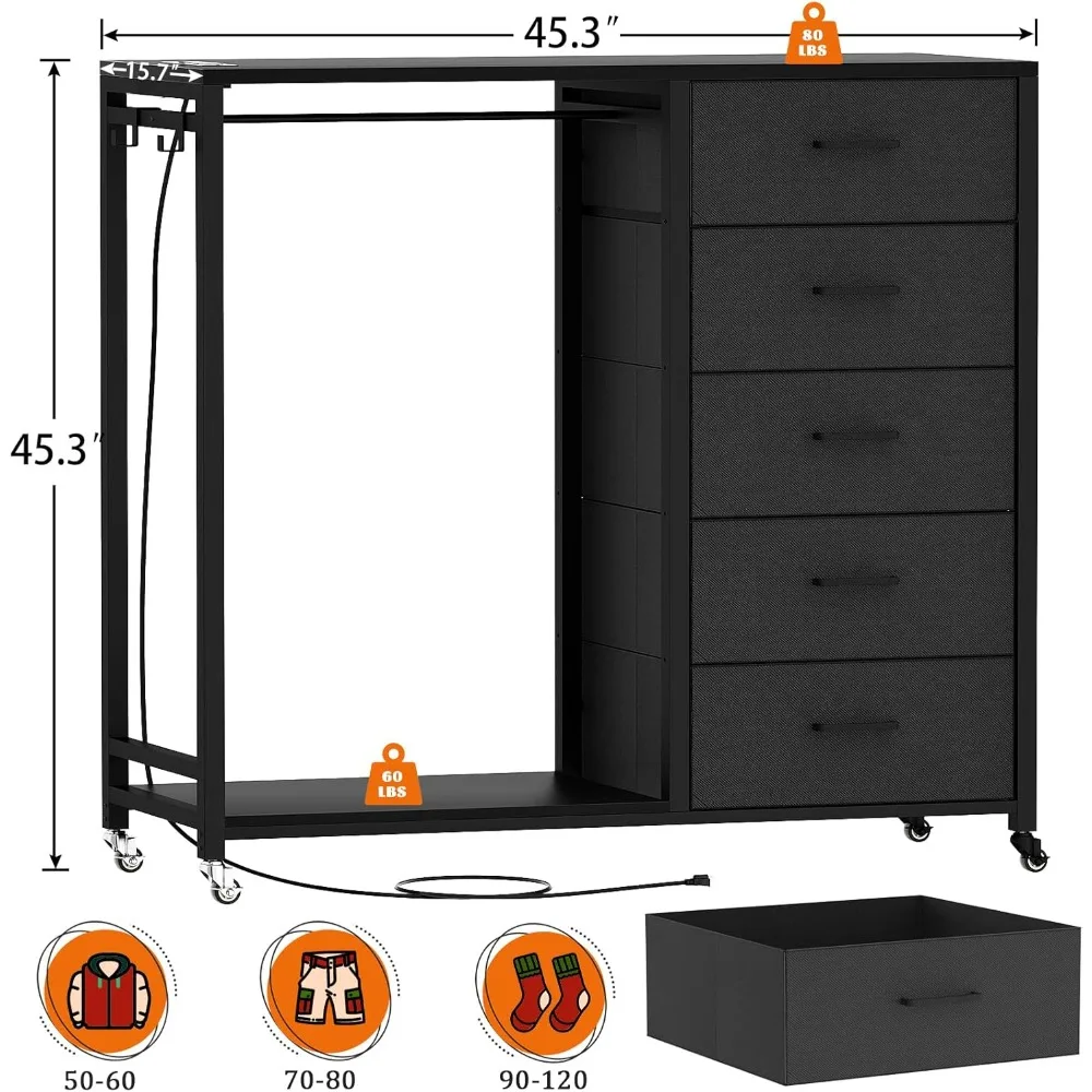 خزانة ذات 5 أدراج مع محطة شحن، وأضواء LED، وأدراج قماشية، وعجلات قابلة للقفل لتخزين غرفة النوم #2