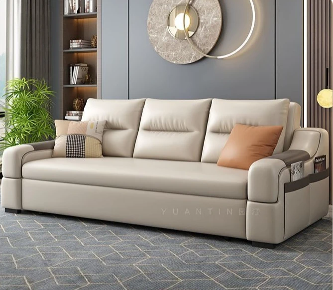 Electric sofa bed Napa leather small apartment foldable advanced light luxury multi-functional storage