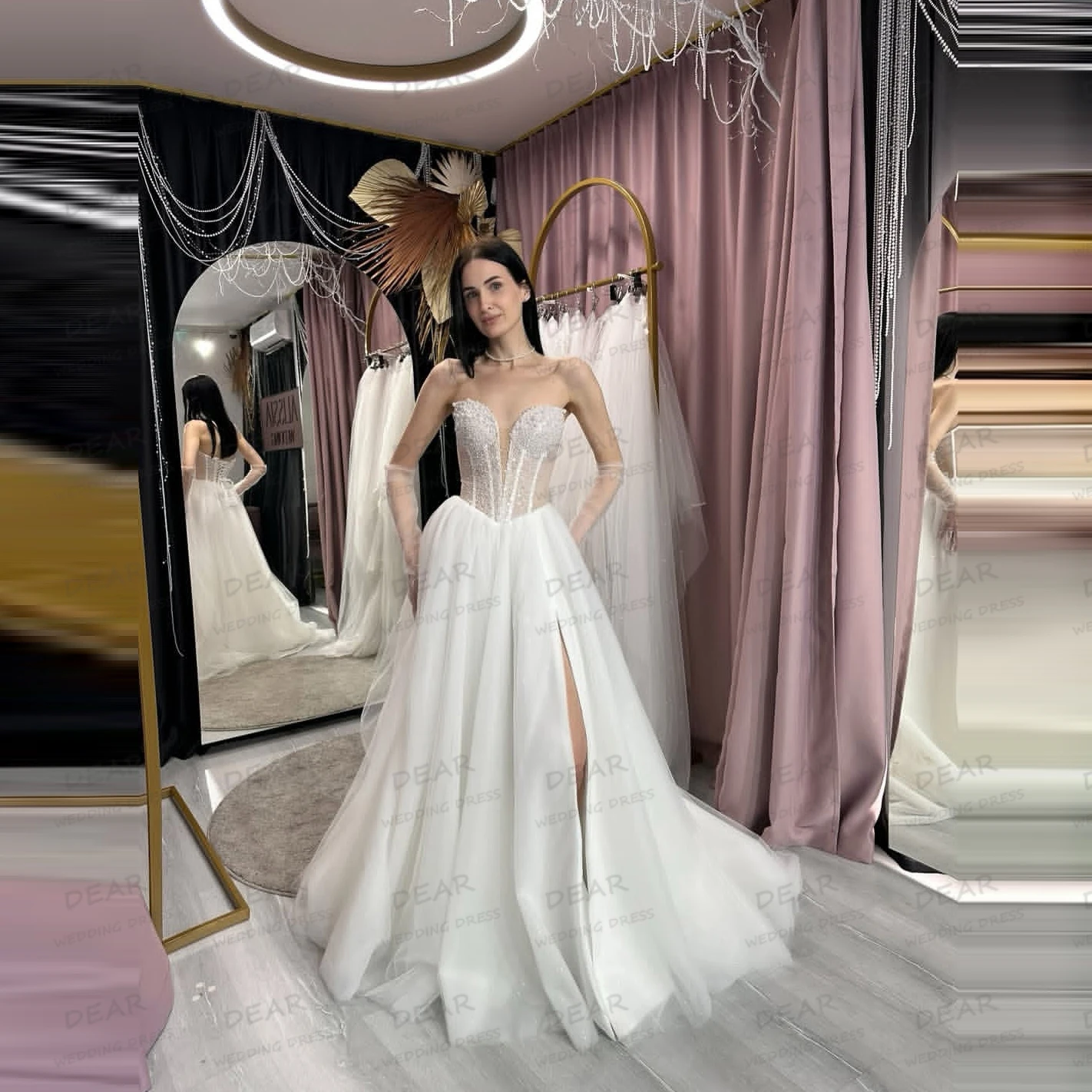 Luxury Shiny Sequined Wedding Dresses A Line Women's Sexy Sweetheart Lace Bride Gowns Fluffy Split Vestidos De Novia Customized