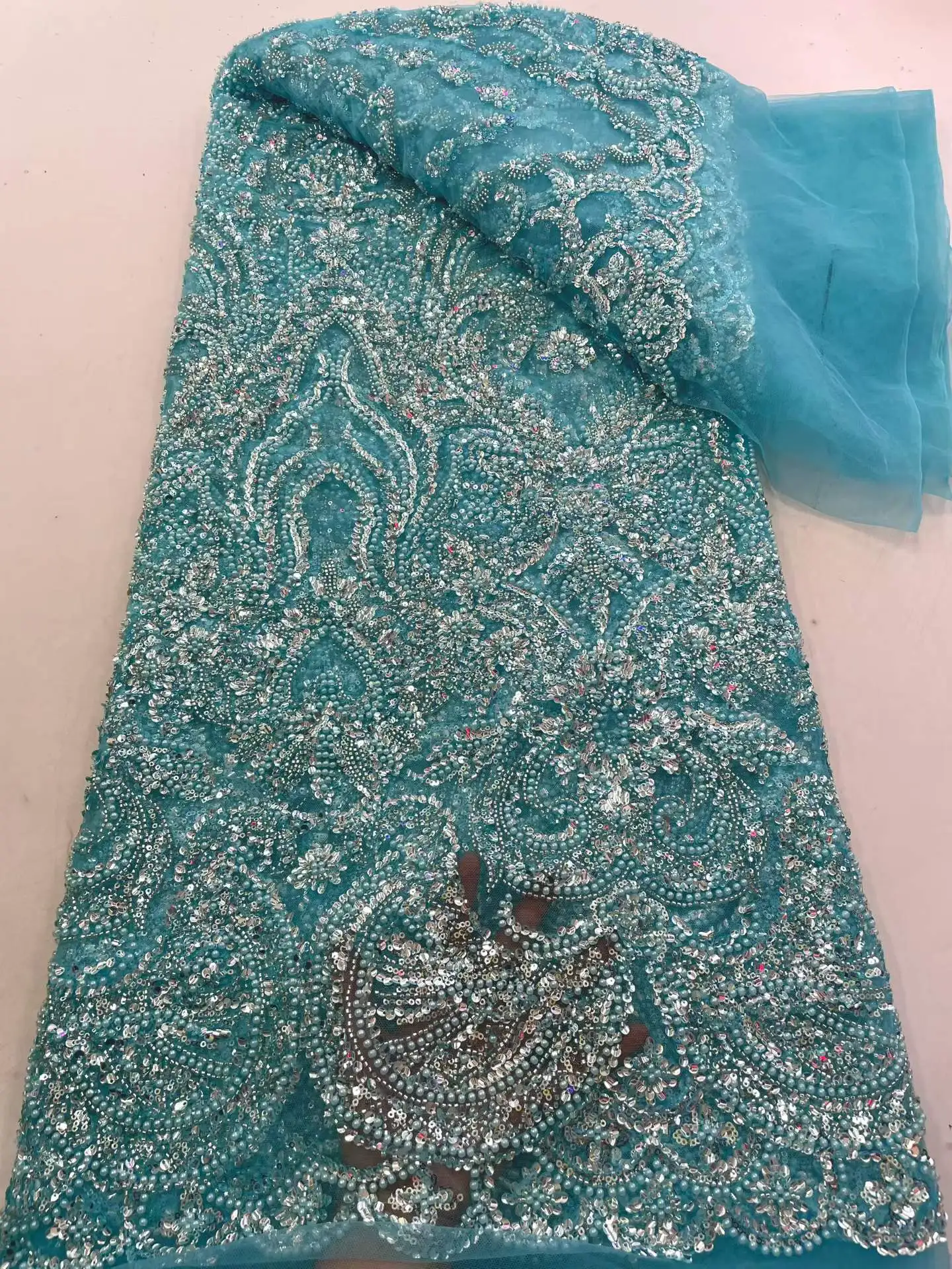 2026 Luxury French Mesh Beaded Lace Fabric High Quality African Sequins Groom Lace Fabrics For Nigerian Wedding Dresses Sewing.