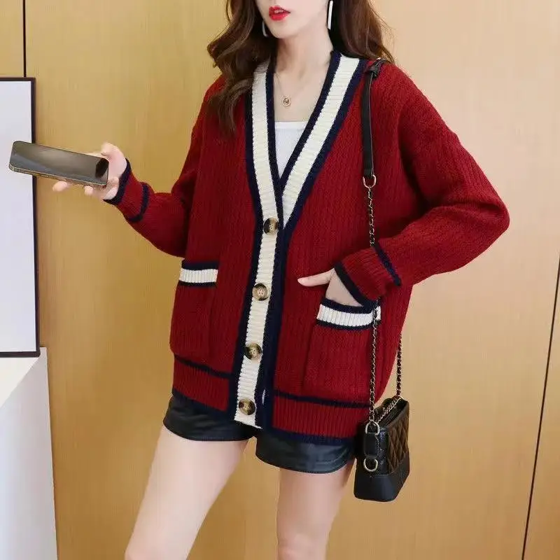Women\'s Clothing Korean Fashion Contrast Color Chic Button Cardigan Female Casual V Neck Long Sleeve Loose Knitted Sweater Coats