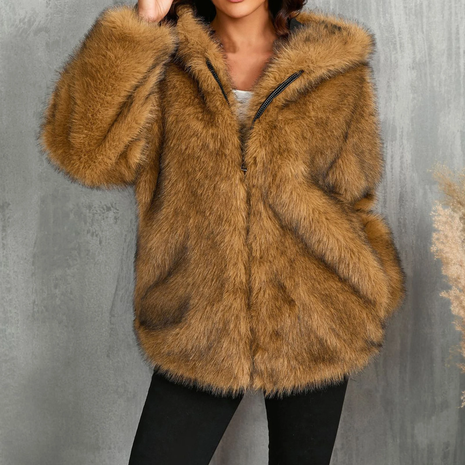 Vintage Winter Coat Women Oversized Hooded Long Faux Fur Coat Fluffy Thick Warm Zipper Jackets Outerwears