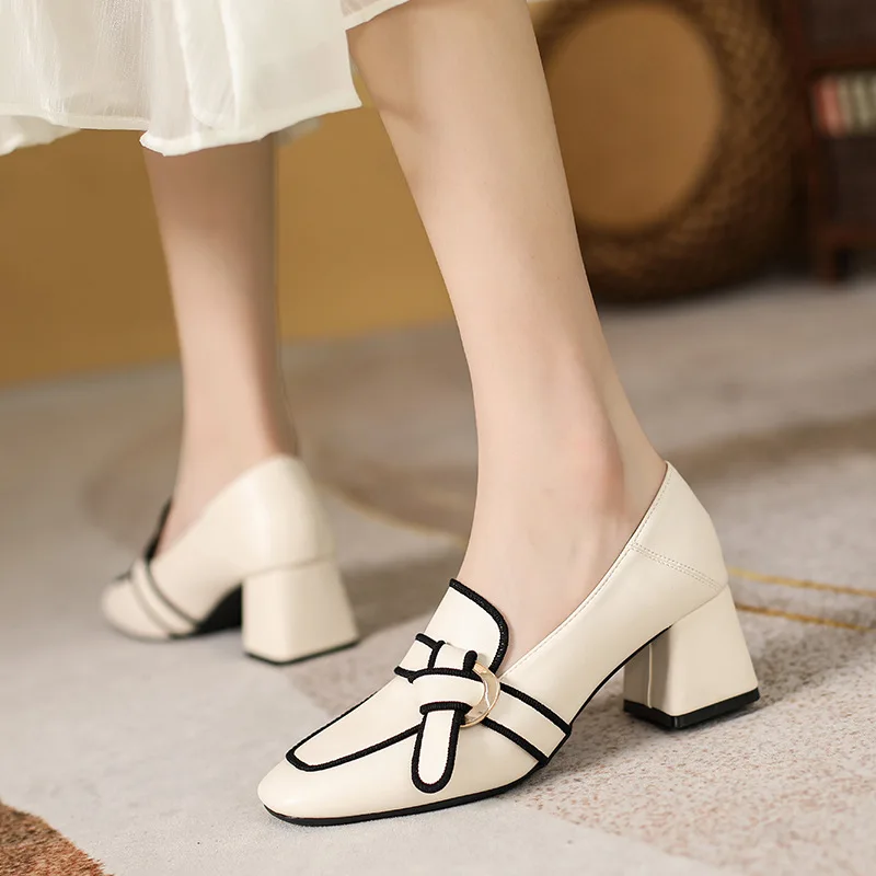 Women Retro Bowknot Loafers Spring Square Head Women Single Shoes Classic Thick Heels Soft Leather Female Pumps Zapatos De Mujer