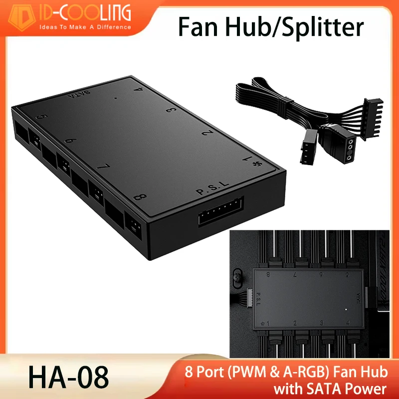 

ID-COOLING HA-08 Fan Hub, 8 PWM Ports+8 ARGB Ports, ARGB Motherboard Sync, SATA Powered PWM Functional Fan Adapter