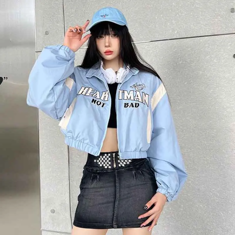 Y2K Letter Embroidery Women Short Jackets Fall Loose Hip Hop Long Sleeve Zipper Bomber Coat Korean Streetwear Casual Outwears