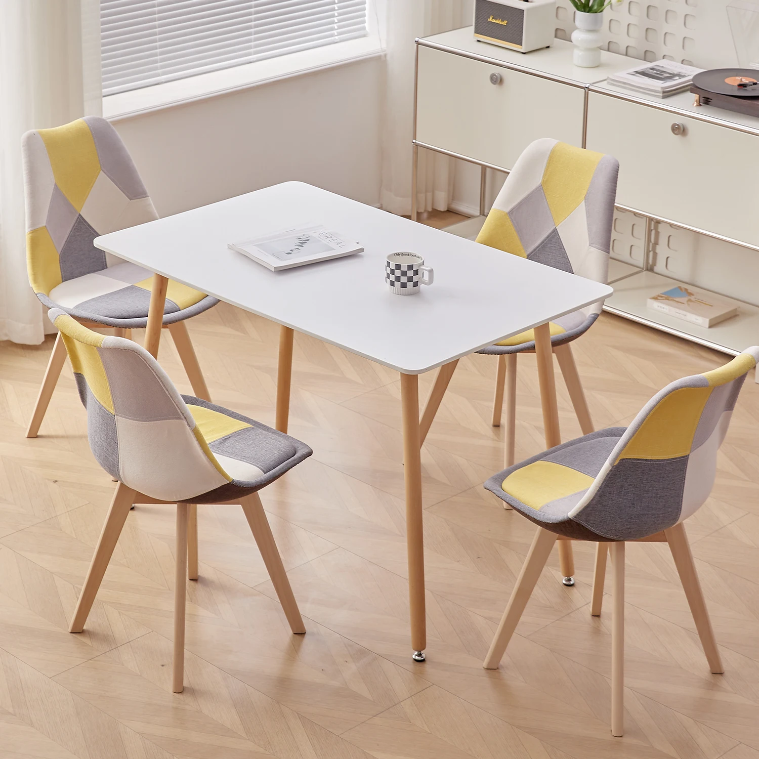 EGOONM 2/4/6 Stück Nordische Esszimmerstühle, Bunte Patchwork-Stühle mit Holzbeinen und Gepolstertem Sitz, Lounge-Stuhl für Küche und Wohnzimmer – Detail 7