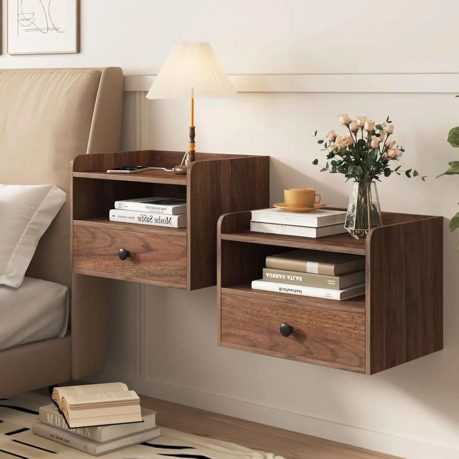 

Floating Nightstand Set of 2 Modern Night Stands with Drawer and Open Shelf Cubby Small Bedside End Table, Customized