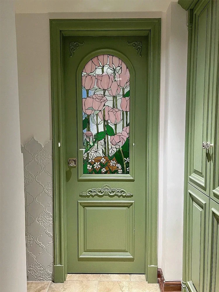 Customized Macaron American style retro arch Tiffany glass baking paint bathroom kitchen cloakroom bedroom wooden door