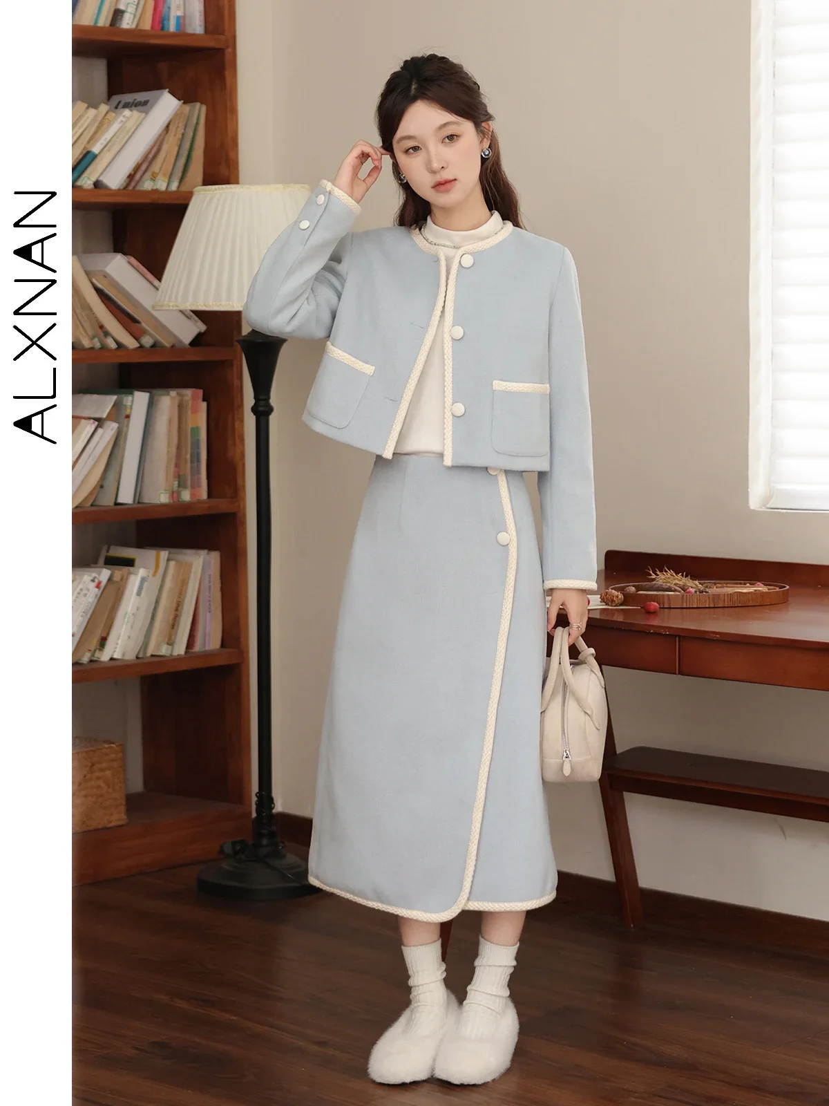 ALXNAN Women's Light Blue Skirt New Commuter Elegant Trendy Solid Midi Skirts Female 2024 Autumn Winter Sold Separately L33092BQ