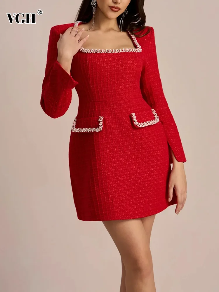 

VGH Temperament Party Dresses For Women Square Collar Long Sleeve Spliced Diamonds High Wiast Slimming Mini Dress Female Fashion