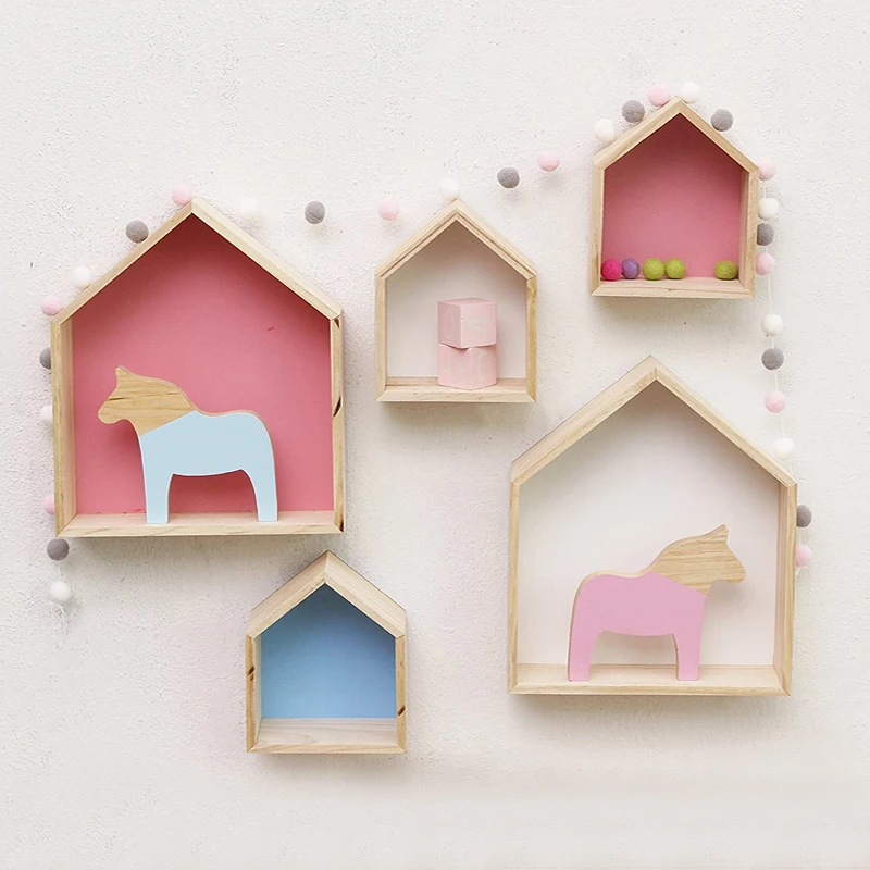 2PCS Kids Room Wall Floating Shelves Wooden Pink House-Shaped Wall Storage Rack Baby Girls Bedroom Decorations Nusery Room Décor