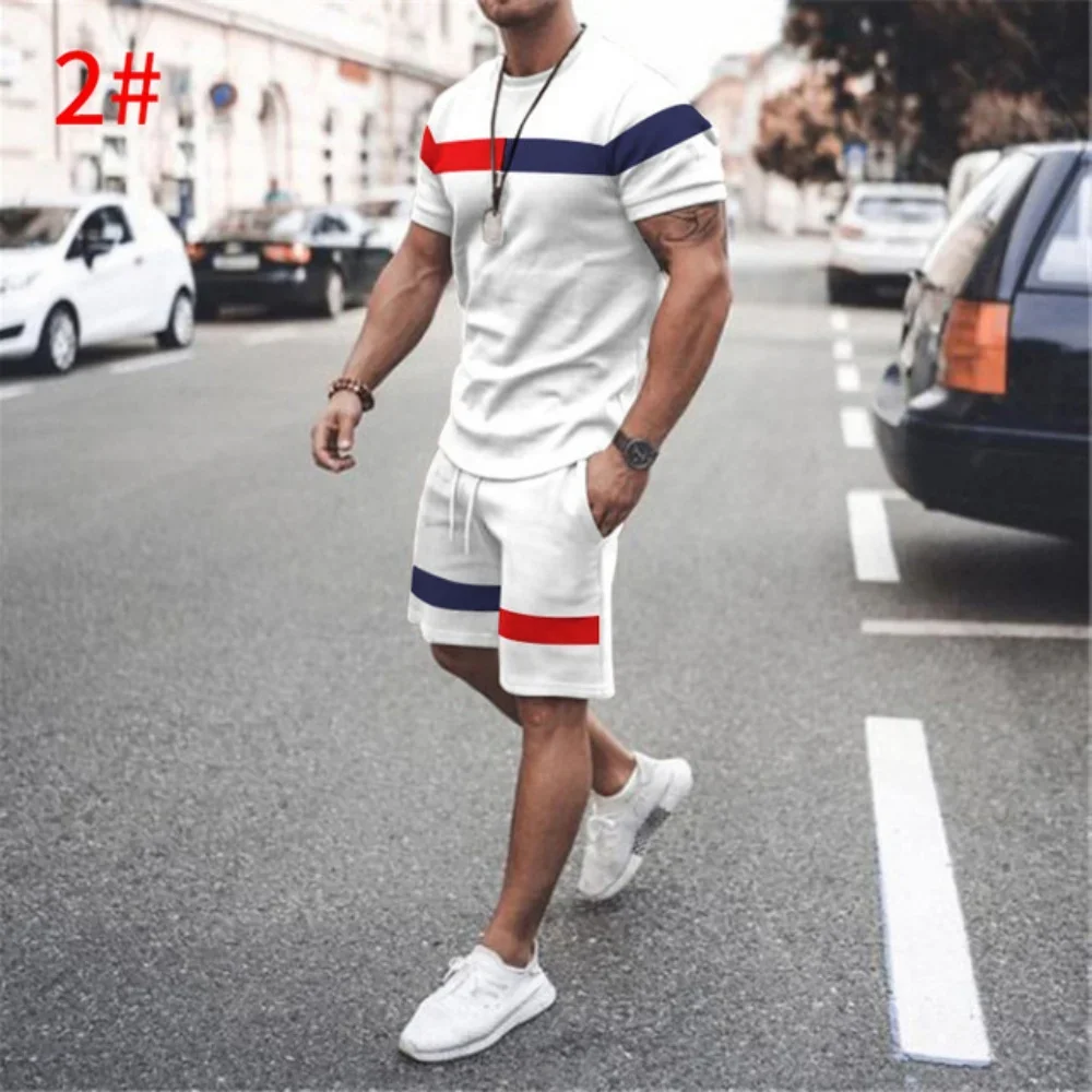 

New Arrived Summer Men's T-shirts Sets 2PCS Tracksuits Mens Csual Color-block Check Pattern Sports Streetwear Male Clothes