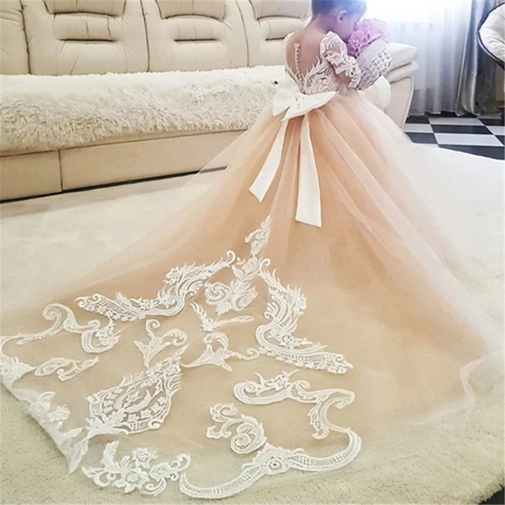 ชุดเดรสลูกไม้สีงาช้างสำหรับเด็กผู้หญิง ชุดราตรีงานเลี้ยง ชุดรับศีลมหาสนิท ชุดเดรสปักลายลูกไม้สำหรับงานวันเกิด