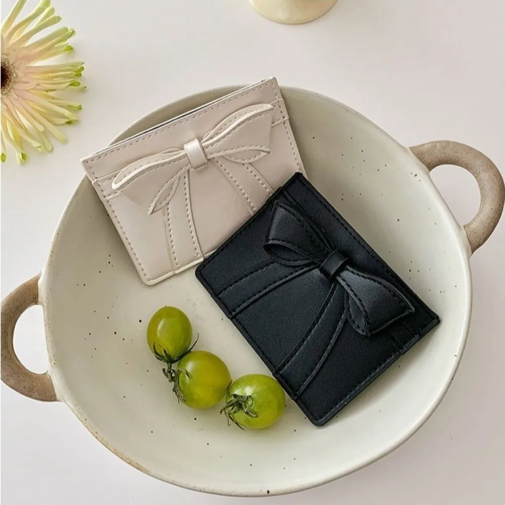 Sweet Bow Decoration Card Holder PU Leather Ultra Thin Mini Wallet Multi-card Slots Solid Color Coin Purse for Students